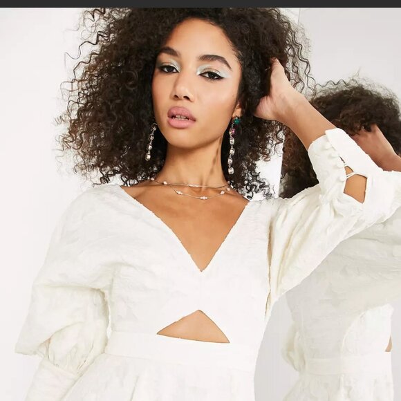 ASOS EDITION V-Neck Organza Chic White Dress | Blouson Sleeves + Cutout - Picture 3 of 8